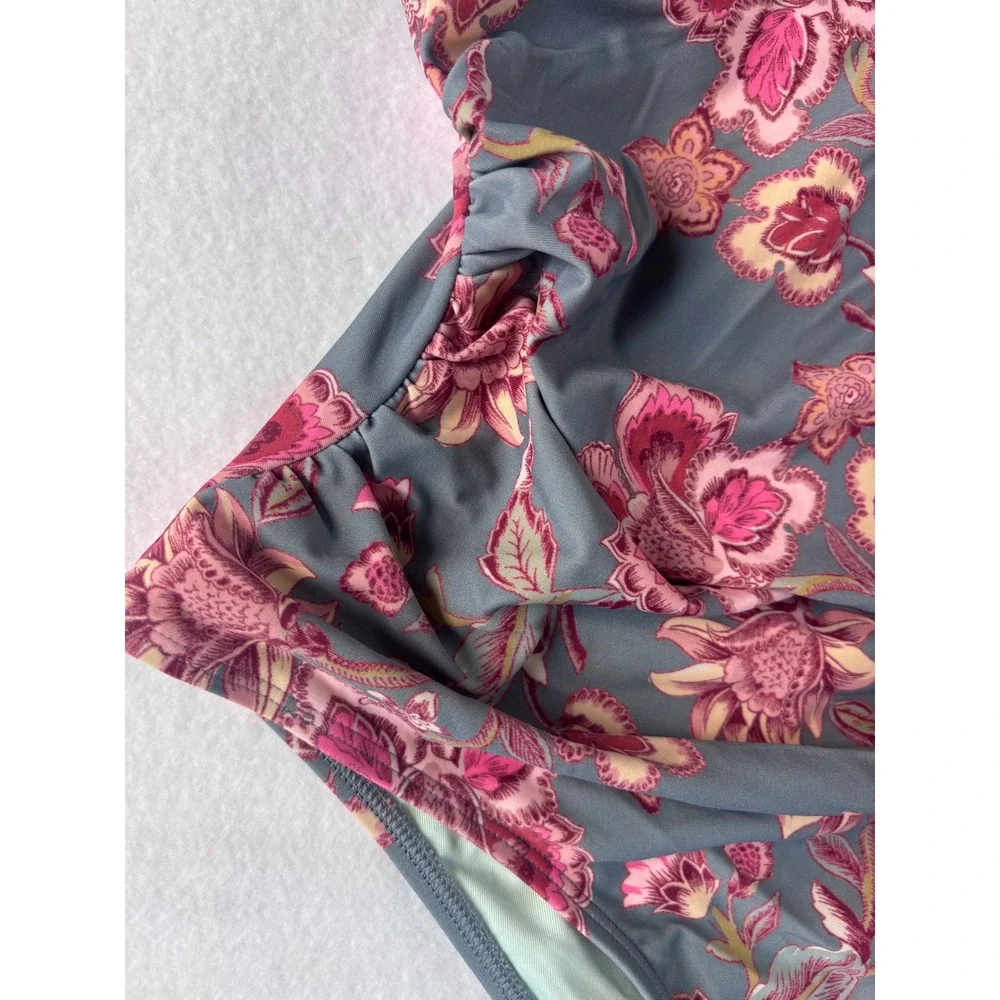 Floral‎ Ruffle V-Neck One Piece Swimsuit Gray Pink Lace Up Back Size Medium NWOT
